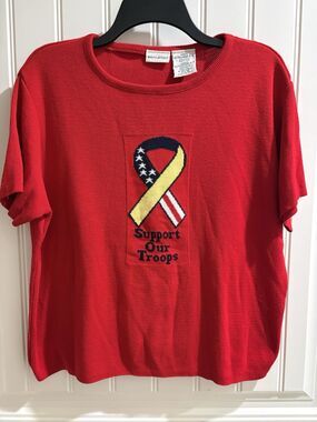 Vintage White Stag Short Sleeve Sweater Support Our Troops Sz XL 16/18